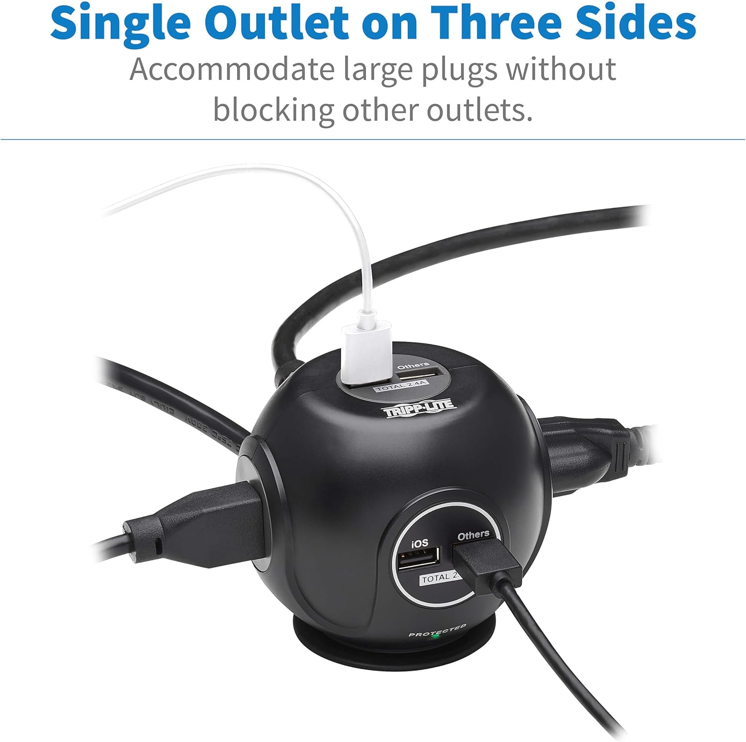 Tripp Lite Surge Protector 3-Outlet Spherical Surge Protector, 4 USB Ports (4.8A Shared) - 6-ft. (1.83 m) Cord, 5-15P Plug