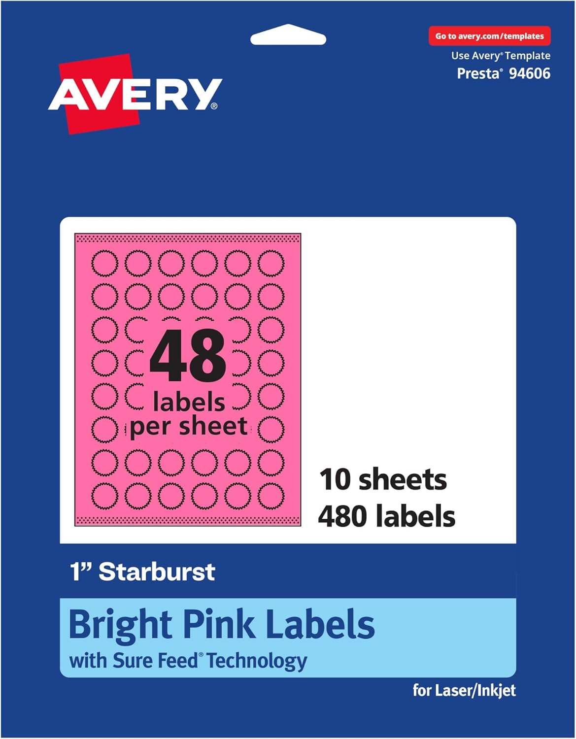 Avery Printable Starburst Labels, Sure Feed Technology, 1" Bright Pink, Print-to-The-Edge, 480 Labels