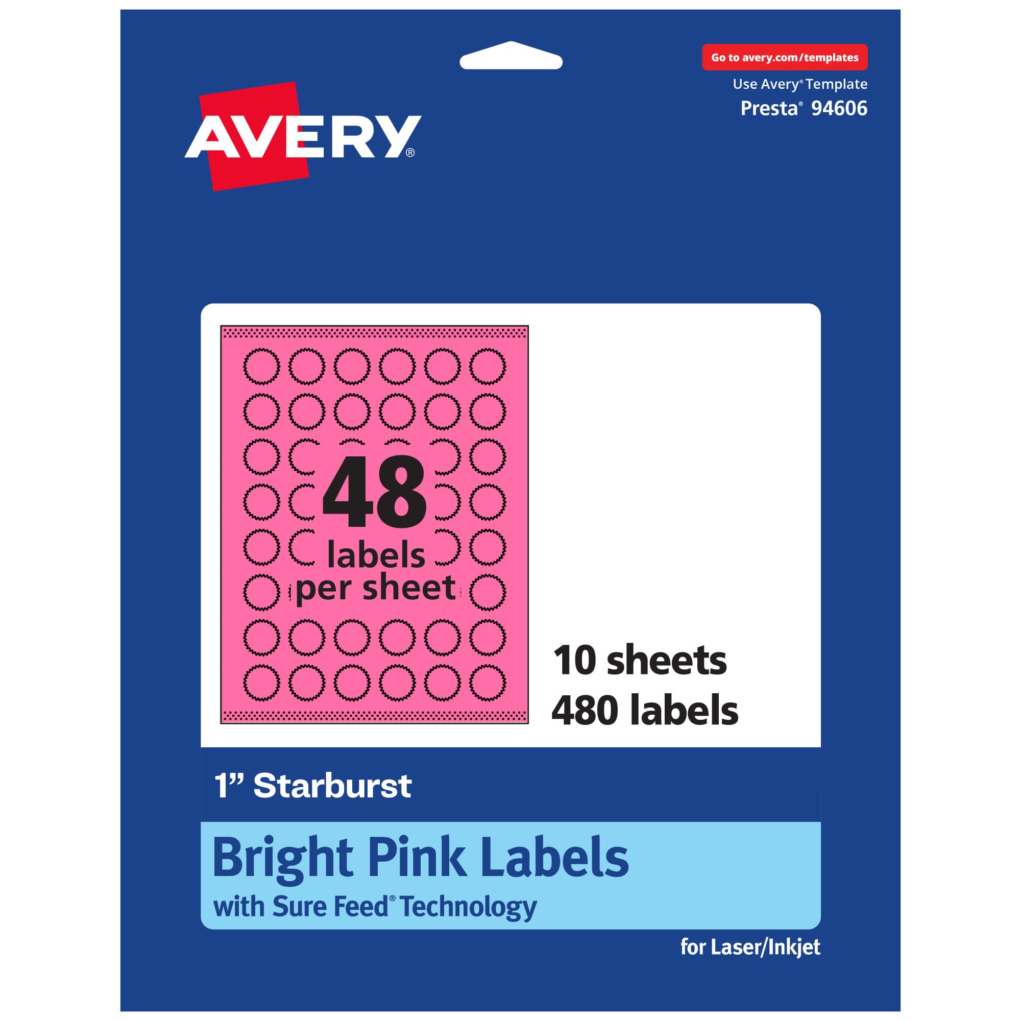 Avery Printable Starburst Labels, Sure Feed Technology, 1" Bright Pink, Print-to-The-Edge, 480 Labels