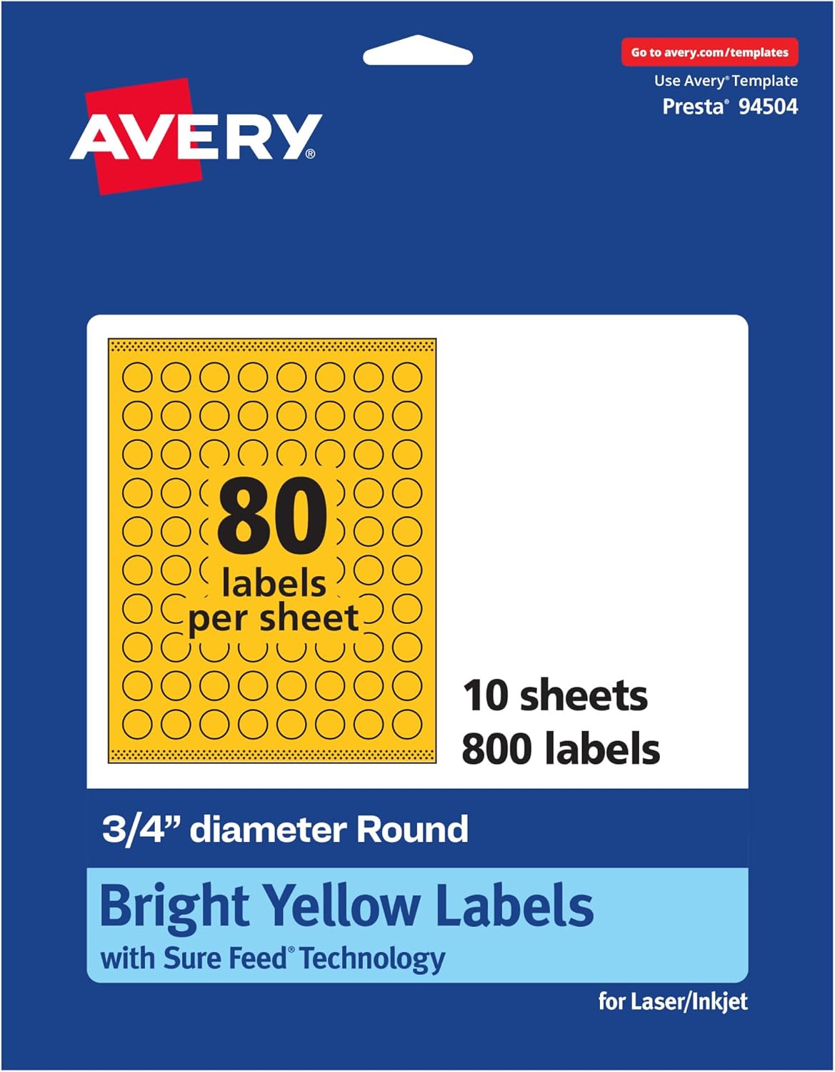 Avery Printable Round Labels, 3/4 in, Bright Yellow, Sure Feed Technology