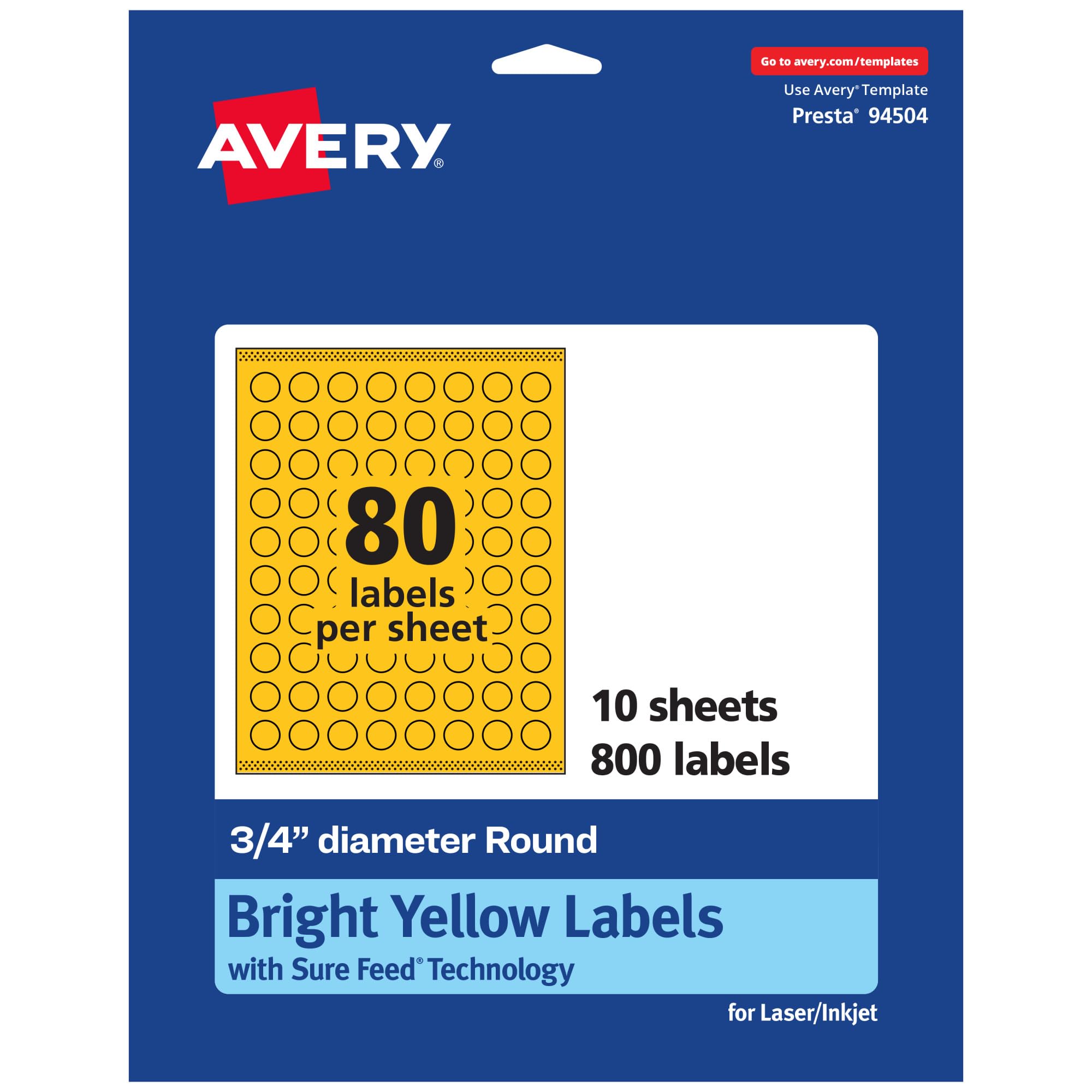 Avery Printable Round Labels, 3/4 in, Bright Yellow, Sure Feed Technology