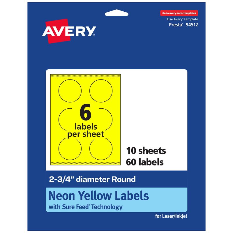 Avery Printable Round Labels, Sure Feed Technology, 2.75" Diameter, Neon Yellow, Print-to-the-Edge