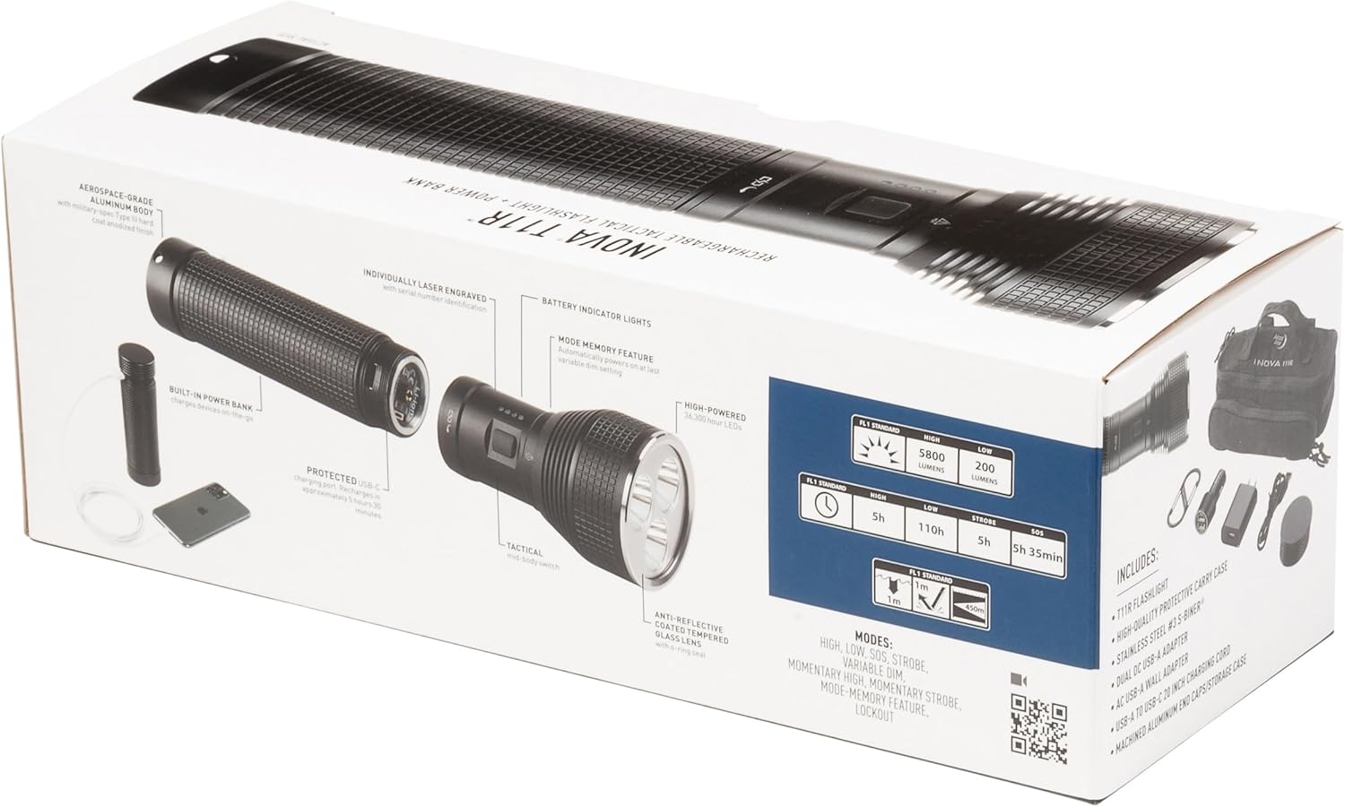 Nite Ize INOVA T11R Rechargeable Tactical Flashlight and Power Bank - Long Range 5800 Lumen Waterproof Flashlight