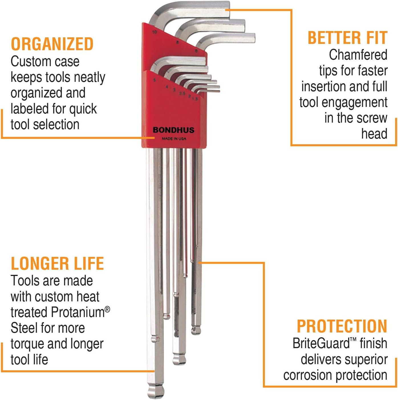 Bondhus 17099 Set of 9 Balldriver L-wrenches with BriteGuard Finish, Extra Long Length, sizes 1.5-10mm