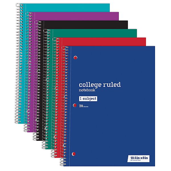 Just Basics® Wirebound Notebook, 8" x 10-1/2", College Ruled, 70 Sheets, Assorted Colors, Pack of 6