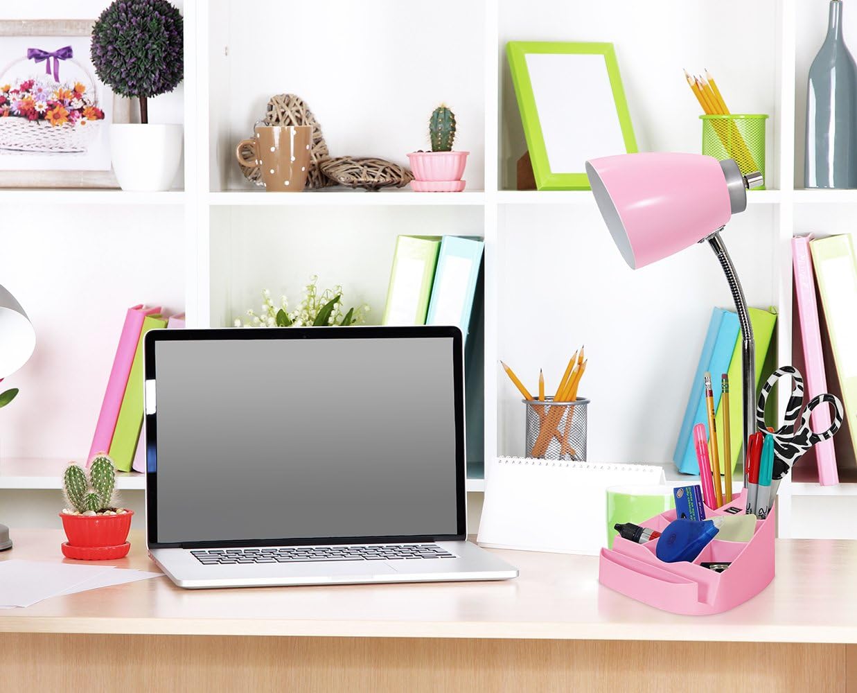 Simple Designs LD1056-PNK Gooseneck Organizer Desk Lamp with Tablet Stand, USB Port, Adjustable Height, Pink