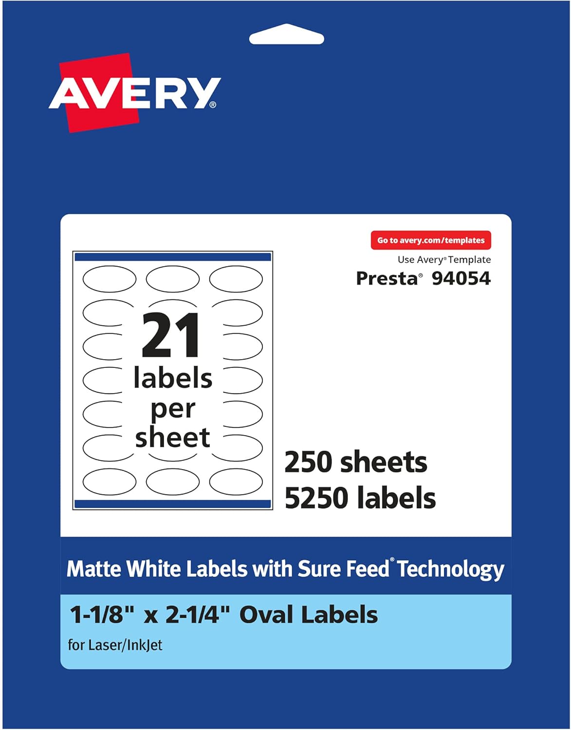 Avery Matte White Oval Labels, Sure Feed Technology, 1-1/8" x 2-1/4"