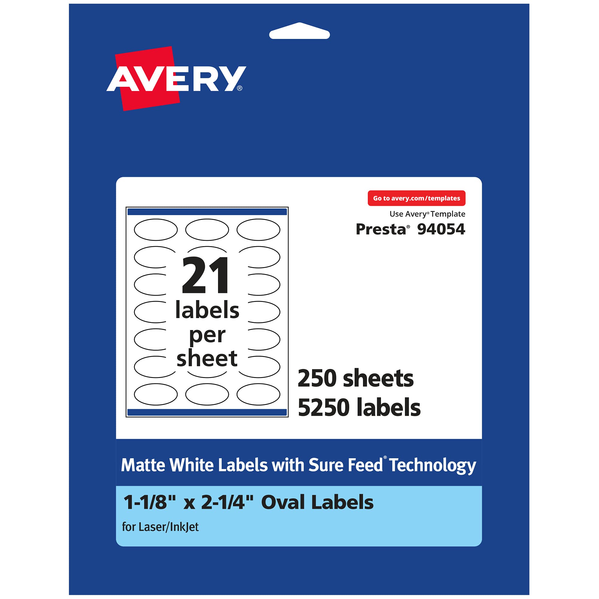 Avery Matte White Oval Labels, Sure Feed Technology, 1-1/8" x 2-1/4"