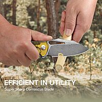 CIVIVI BullTusk Pocket Knife for Camping Fishing Hunting, Folding Knife with Flipper, 3.48" Curved Damascus Blade Ultem Handle, Cool Pocket Knife for Men Women Gift C23017-DS1 Translucent Amber