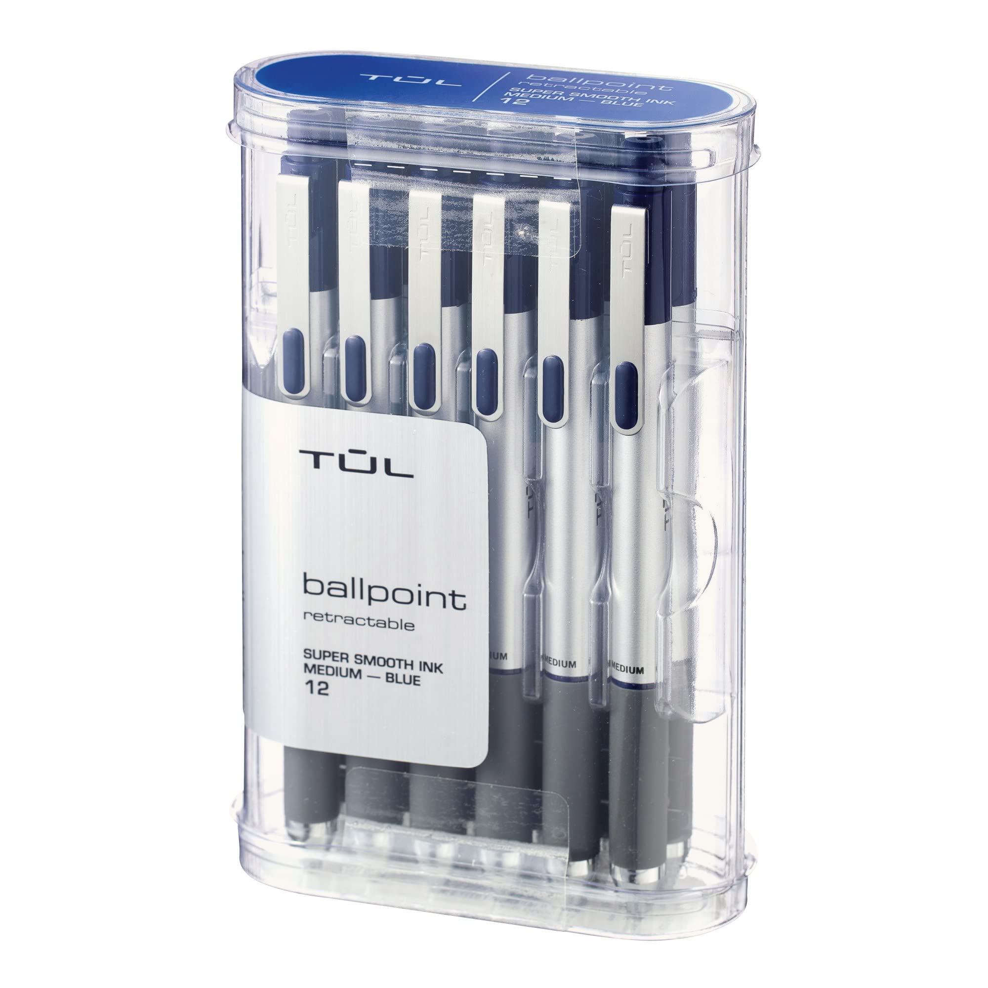 TUL BP Series Retractable Ballpoint Pens, Medium Point, 1.0 mm, Silver Barrel, Blue Ink, Pack Of 12 Pens
