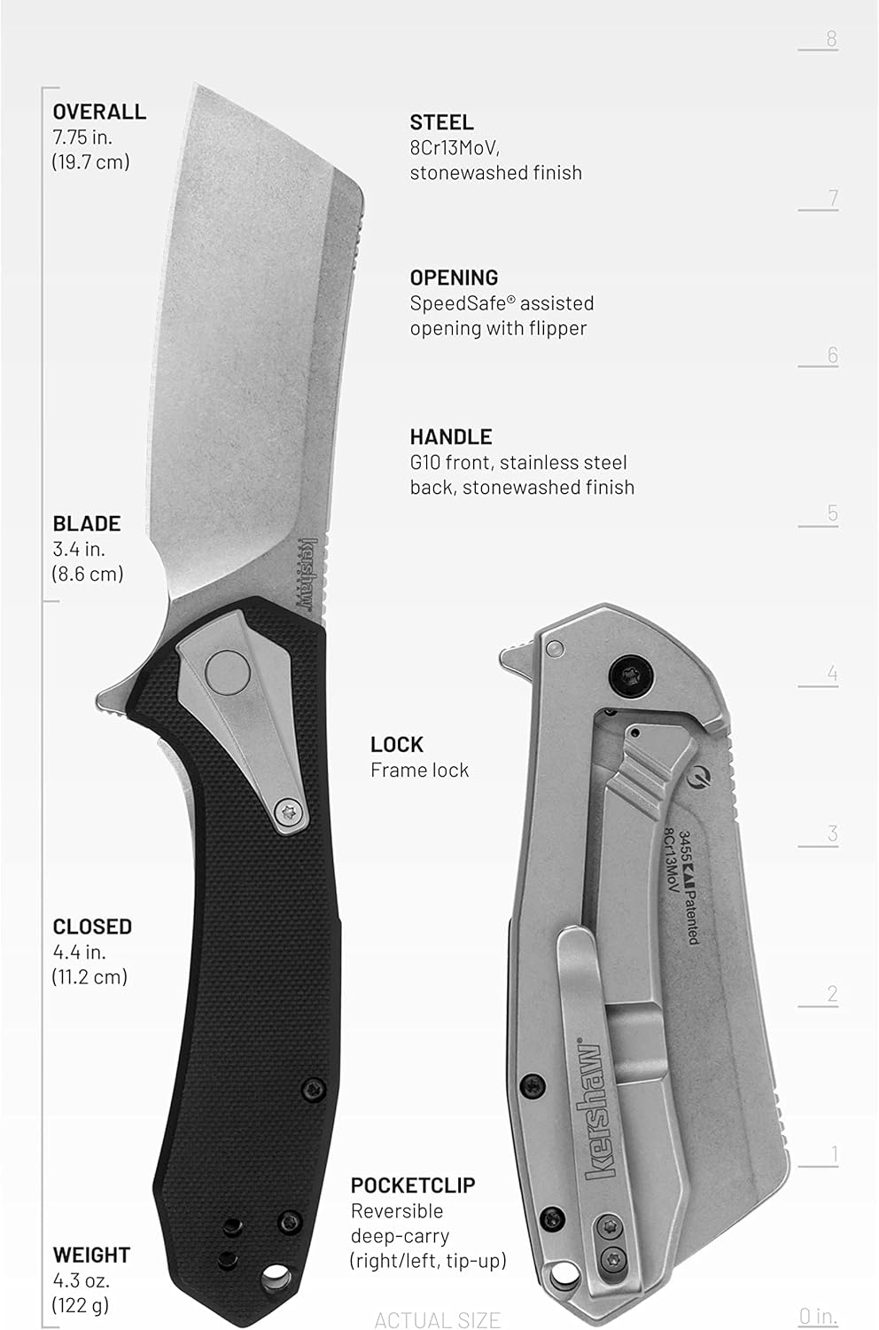 Kershaw Bracket Pocketknife, 3.4" 8Cr13MoV Stainless Steel Cleaver Blade, Assisted One-Handed Flipper Opening, Folding EDC