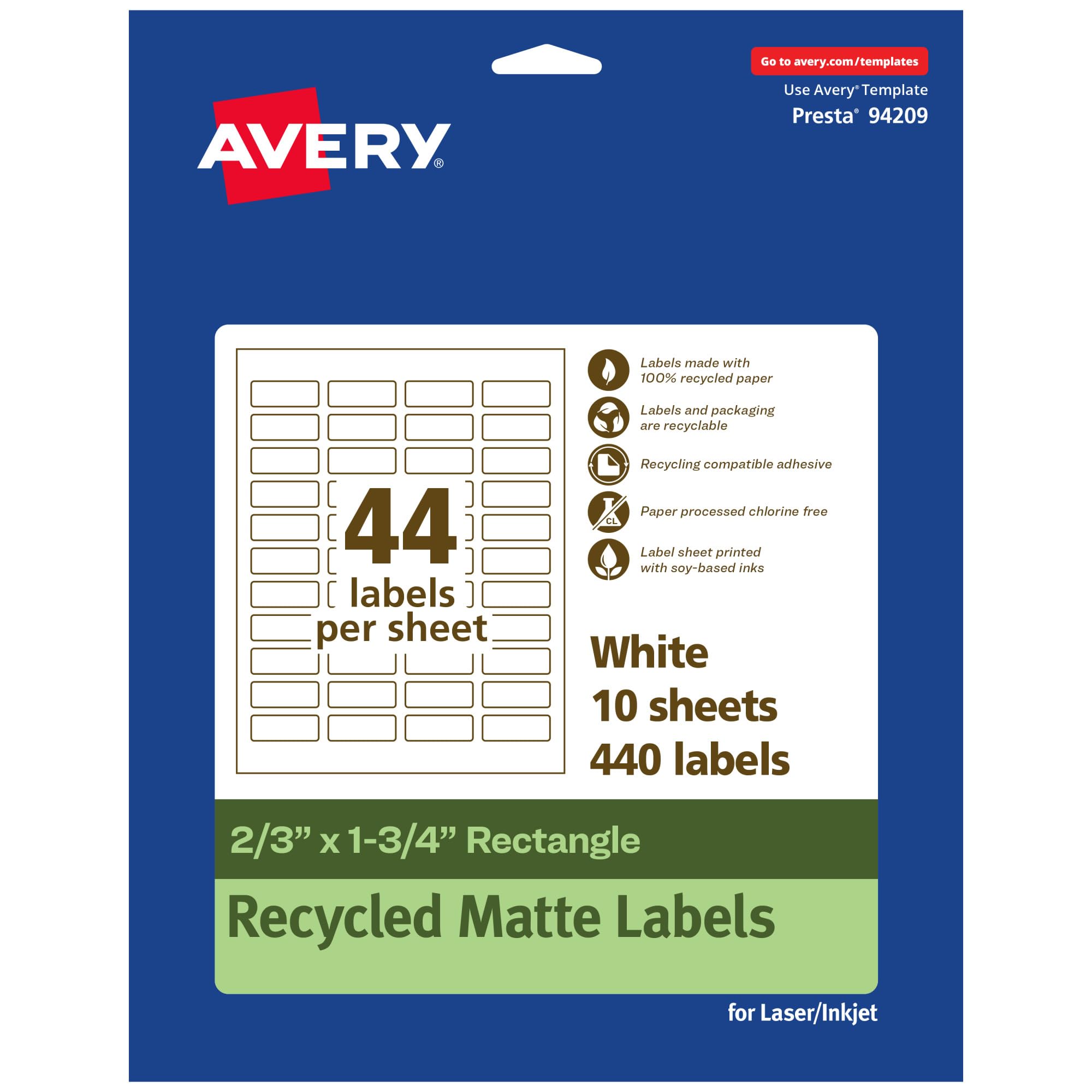 Avery EcoFriendly Matte White Recycled Rectangle Labels, 2/3" x 1-3/4", Print-to-The-Edge, Permanent Adhesive
