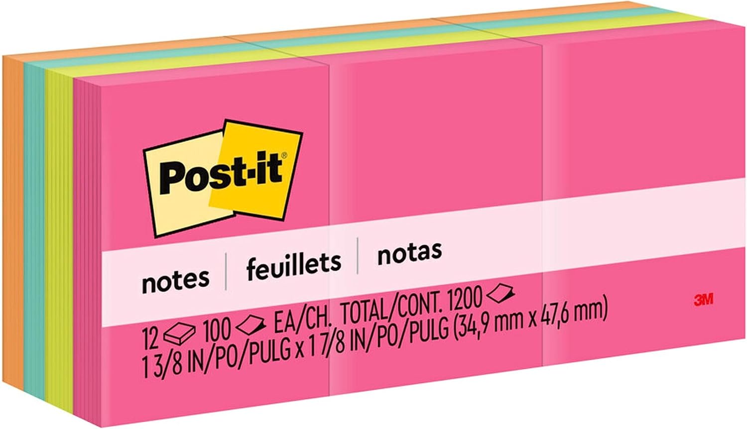 Post-it Mini Notes, 1 3/8 in. x 1 7/8 in., 12 Sticky Notes Pads, 100 Sheets per Pad, Poptimistic Collection