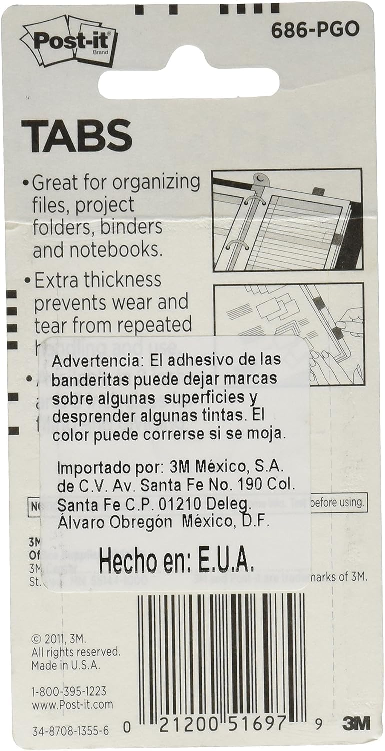 Post-it Tabs, 22/Color, 66/Dispenser, 1 in Wide, Pink, Green, Orange (686-PGO) Assorted 0.4" x 2.8" Tabs
