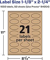 Avery Kraft Brown Oval Labels, Sure Feed Technology, 1-1/8" x 2-1/4", Print-to-The-Edge, Laser/Inkjet Printable