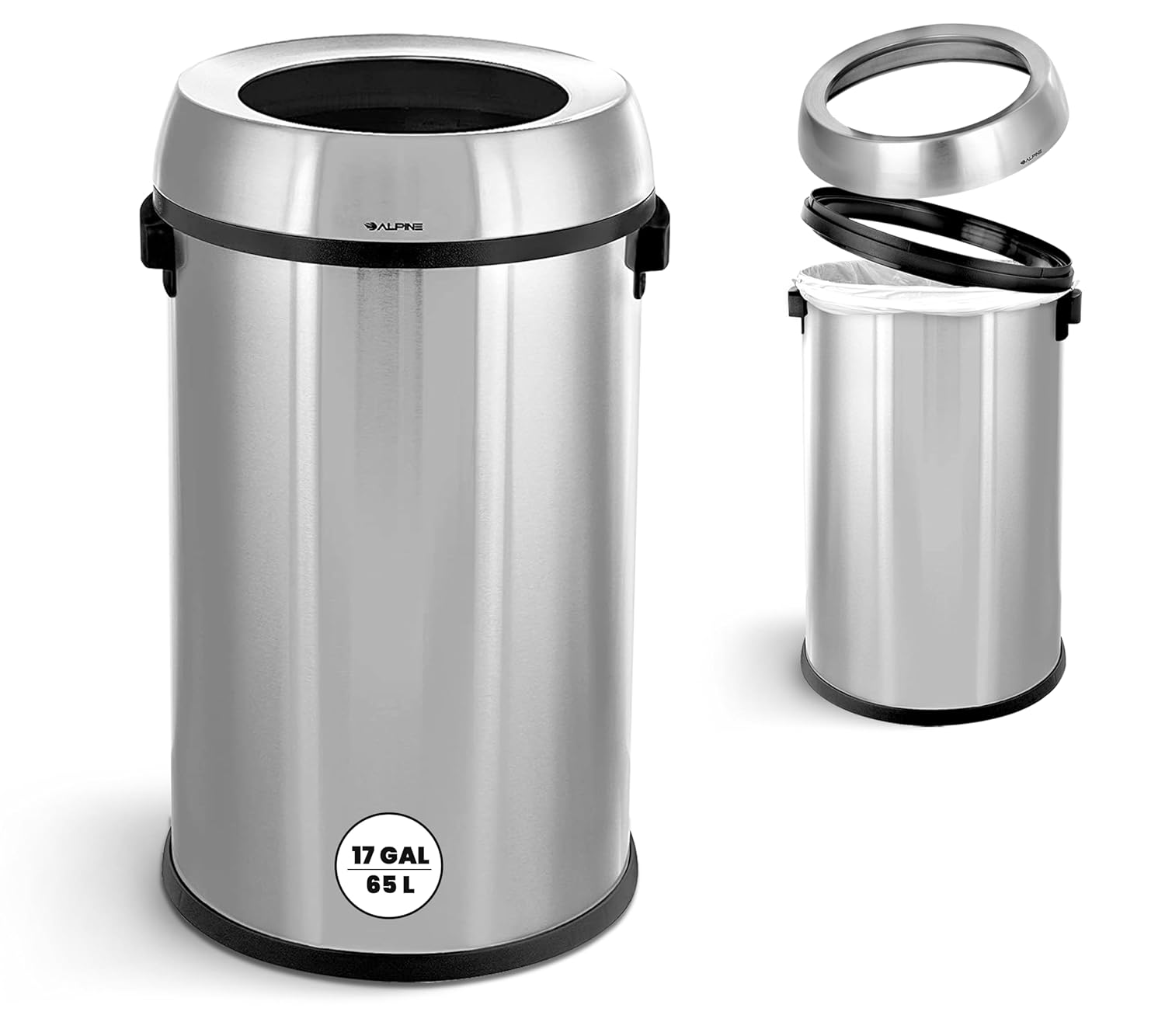 Alpine 17 Gallon Stainless Steel Open Top Trash Can – Commercial-Grade, Corrosion-Resistant, Brushed Finish