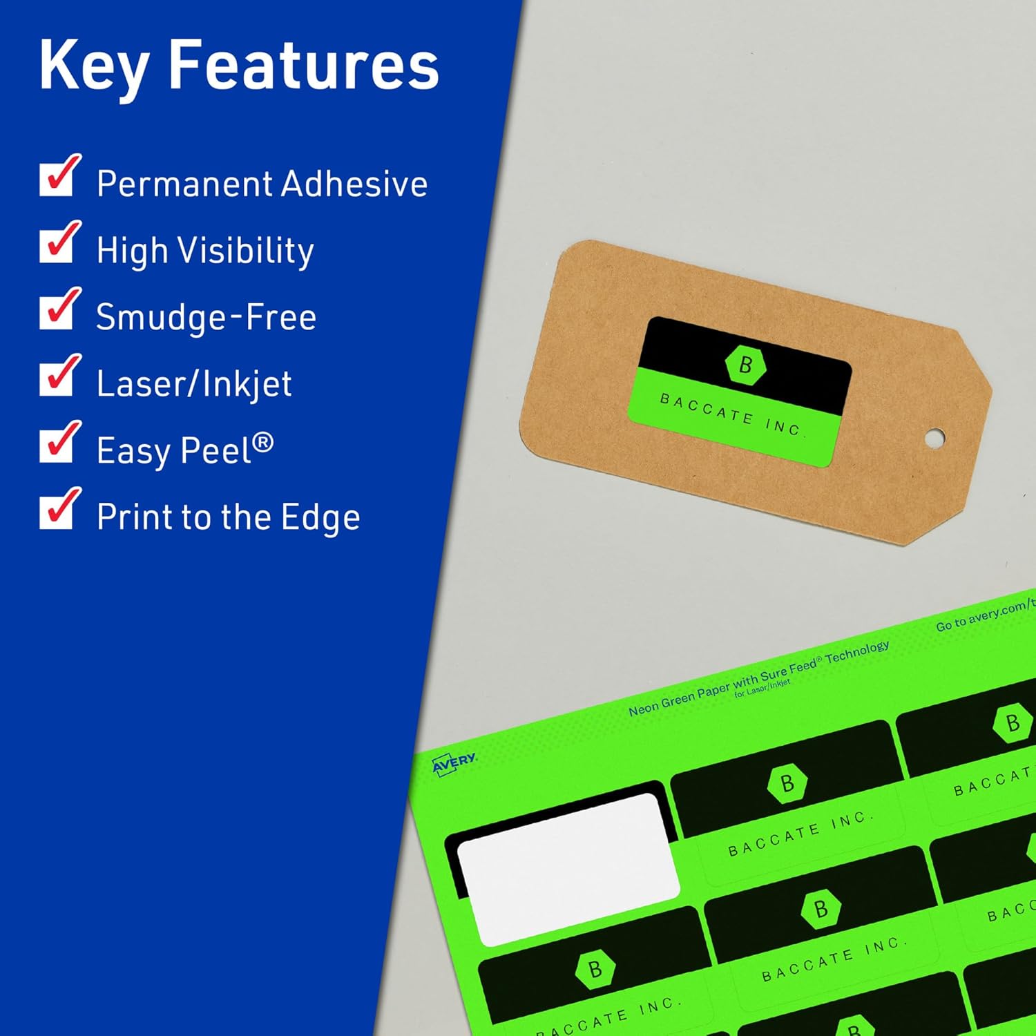 Avery Printable Rectangle Labels, Sure Feed Technology, 1-13/16" x 2-3/16", Neon Green Labels, Print-to-The-Edge