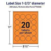Avery Printable Round Labels, Sure Feed Technology, 1-2/3" Diameter, Bright Orange Labels, Print-to-The-Edge, Laser/Inkjet Printable, 200 Total, Great for Stickers and Candles 200 Labels