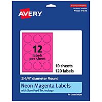 Avery Printable Round Labels, Sure Feed Technology, 2-1/4" Diameter, Neon Magenta, Print-to-The-Edge, Laser/Inkjet Printable