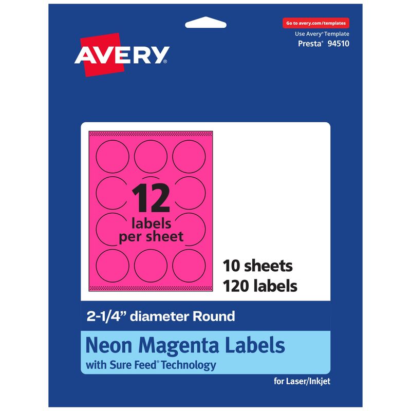 Avery Printable Round Labels, Sure Feed Technology, 2-1/4" Diameter, Neon Magenta, Print-to-The-Edge, Laser/Inkjet Printable