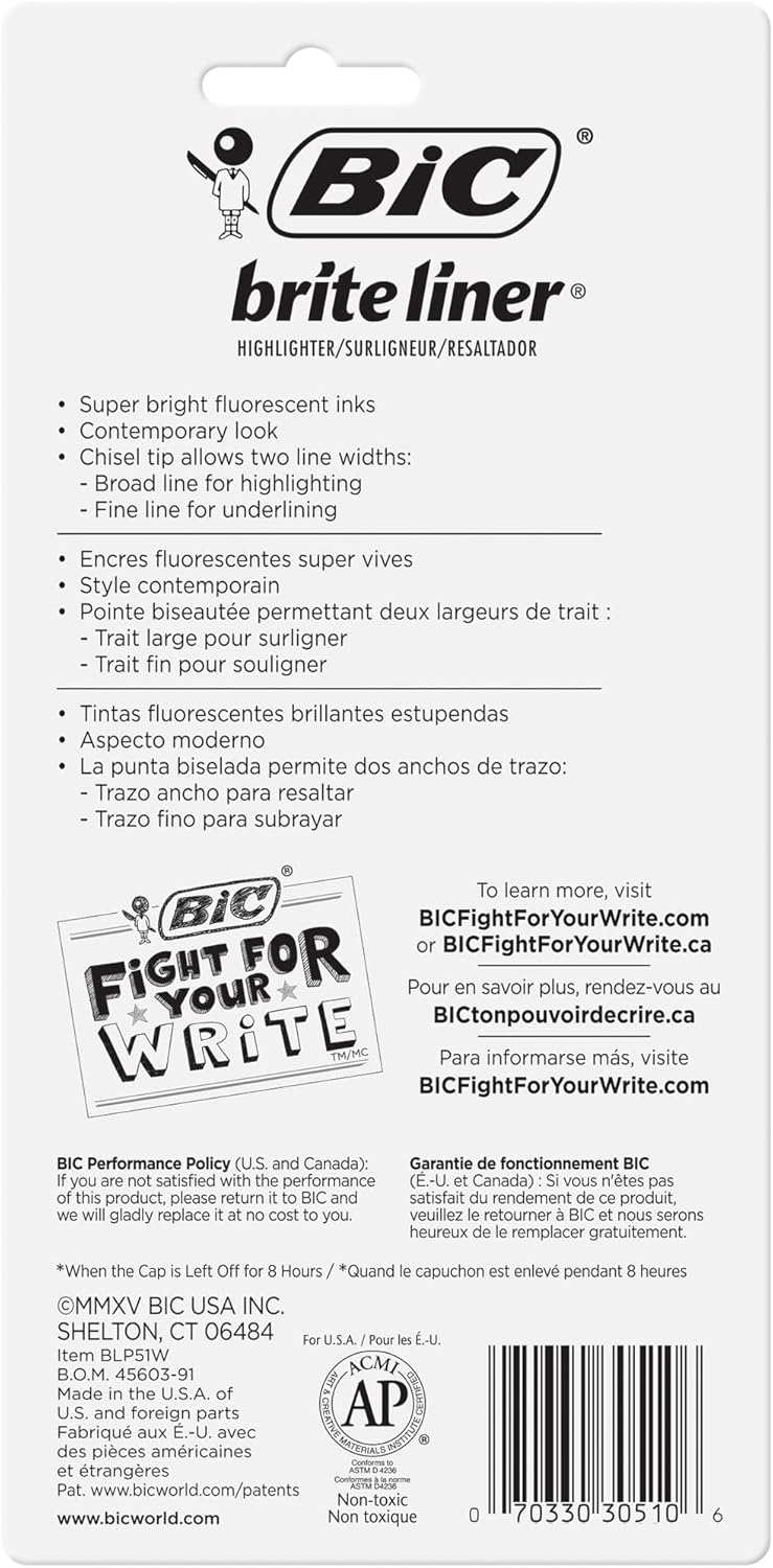 BIC® Brite Liner® Highlighters, Chisel Point, Yellow, 5-Pack