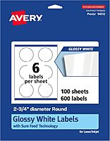 AVERY Glossy White Round Labels, Sure Feed Technology, 2.75" Diameter, Print-to-The-Edge, Permanent Adhesive, Laser/Inkjet Printable