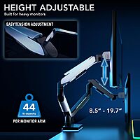 Mount-It! Heavy Duty Dual Monitor Arm up to 35 in. 44 lbs Screens, RGB Lights, 75x75 100x100 VESA Desk Mount for 2 Widescreen Curved Monitors 27 32 34 35 inches, Gas Spring, Clamp, Grommet, RGB Lights