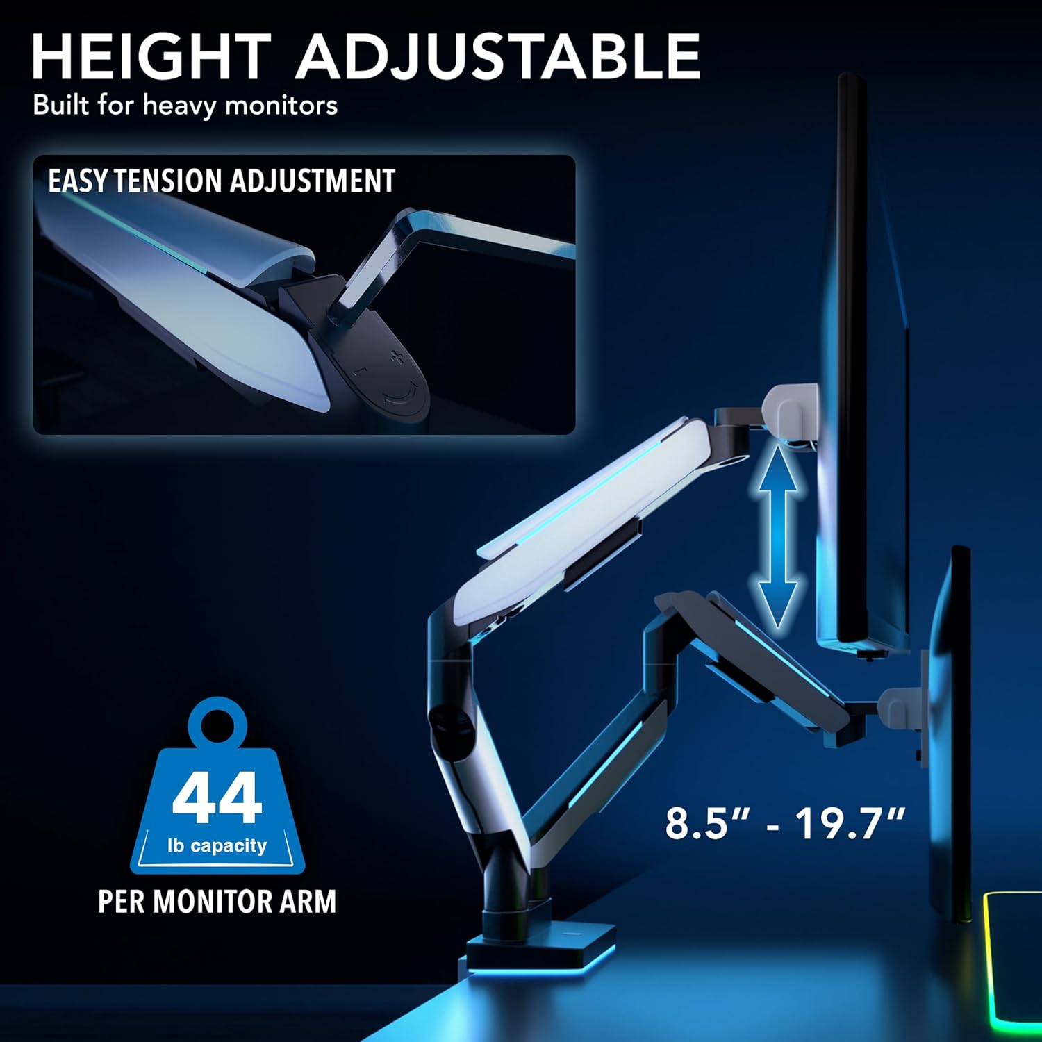 Mount-It! Heavy Duty Dual Monitor Arm up to 35 in. 44 lbs Screens, RGB Lights