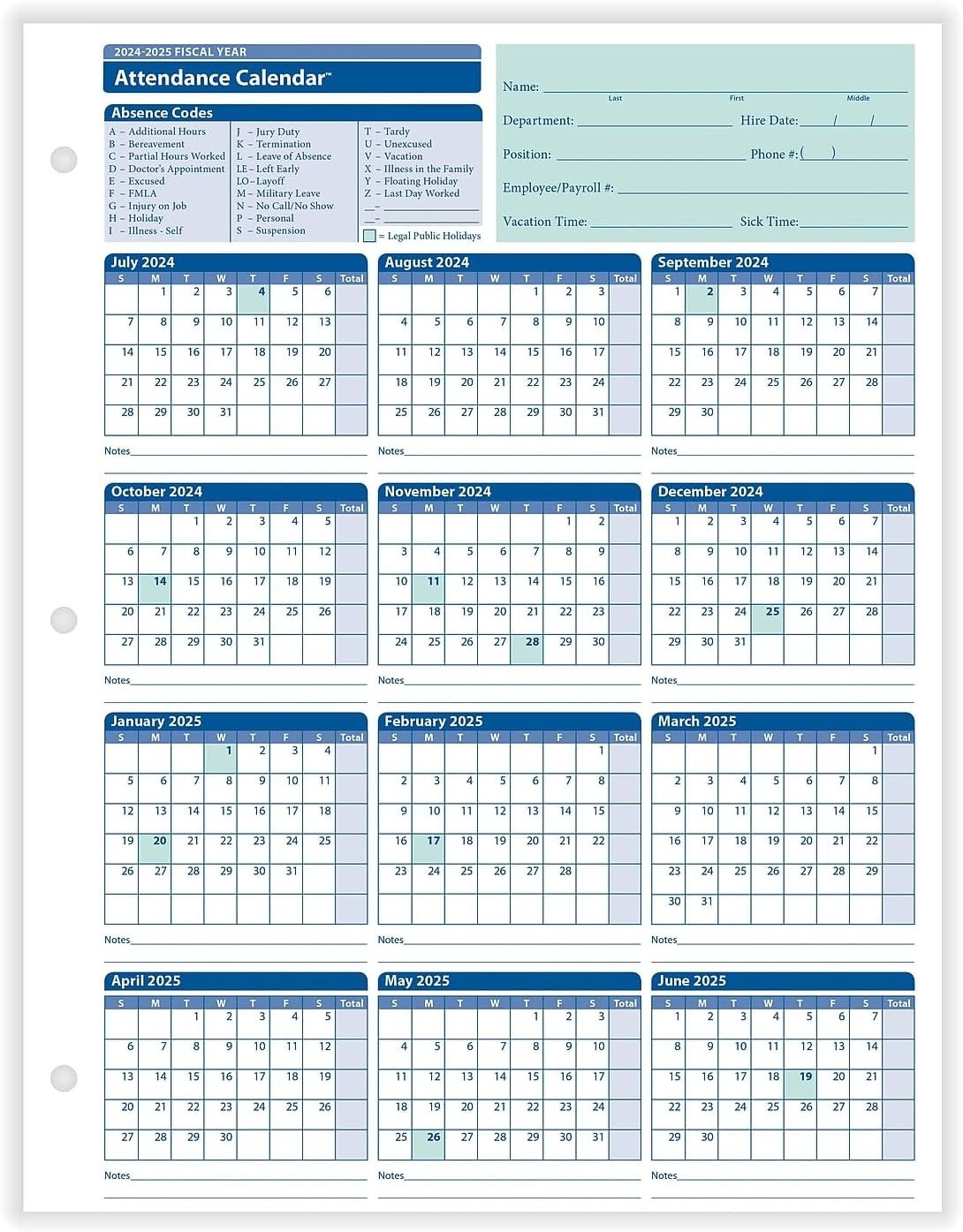 ComplyRight 2025-2026 Fiscal Attendance Calendar, 8 1/2in x 11in, Pack Of 50