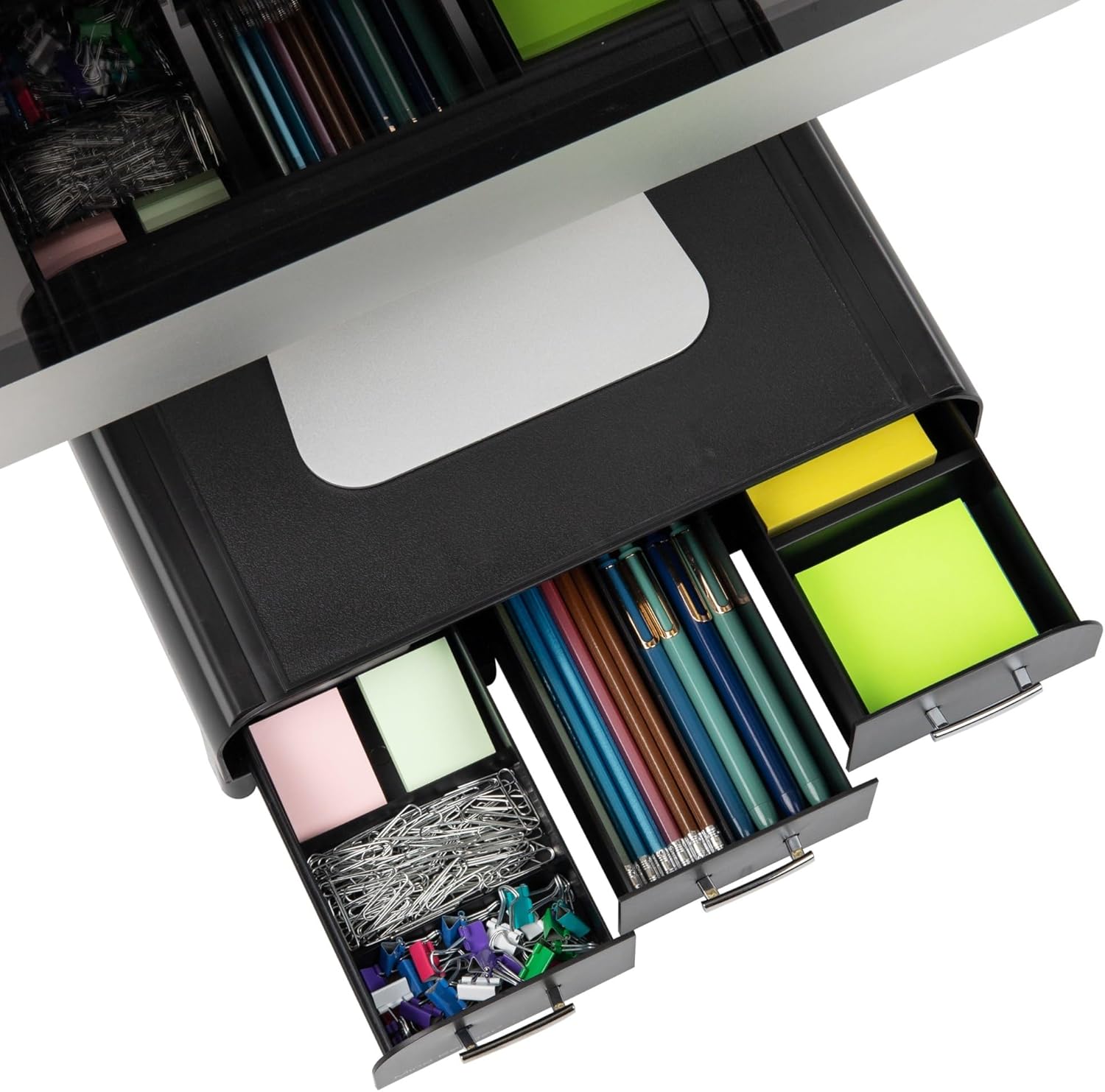 MIND READER Monitor Stand, Desktop Organizer with 3 Drawers, Plastic Riser, 13.5"L x 13"W x 4"H
