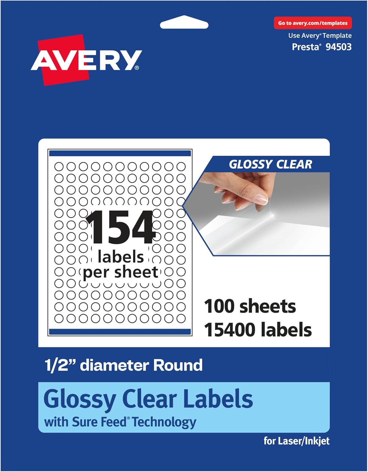 Avery Glossy Clear Round Labels, Sure Feed Technology, 0.5" Diameter, Print-to-The-Edge, Laser/Inkjet Printable