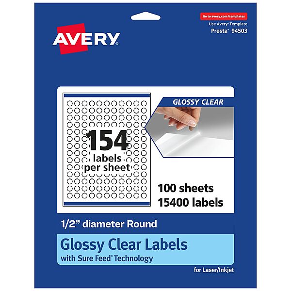 Avery Glossy Clear Round Labels, Sure Feed Technology, 0.5" Diameter, Print-to-The-Edge, Laser/Inkjet Printable