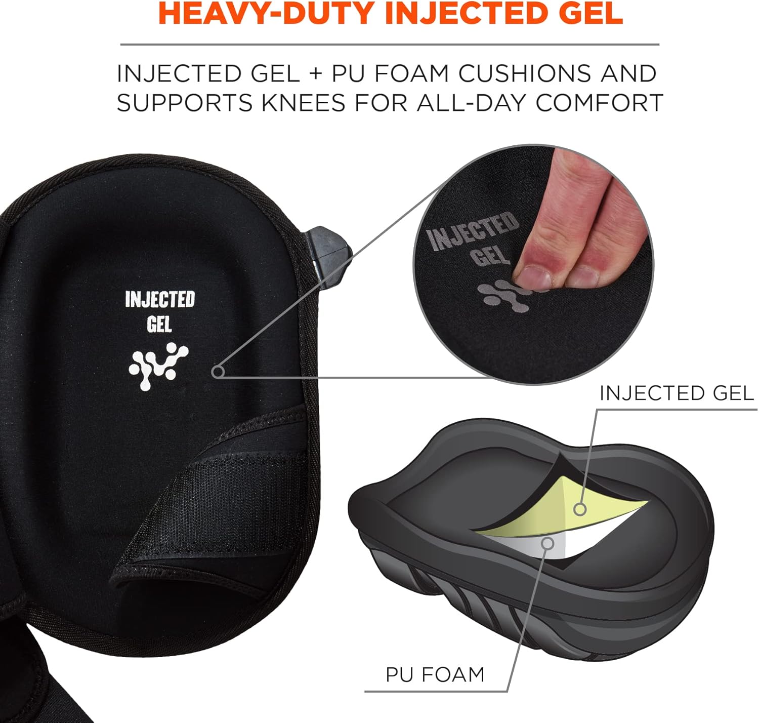 Ergodyne ProFlex 345 Professional Knee Pads, Protective Long Cap, Injected Gel Padded Technology, Adjustable Straps, Black