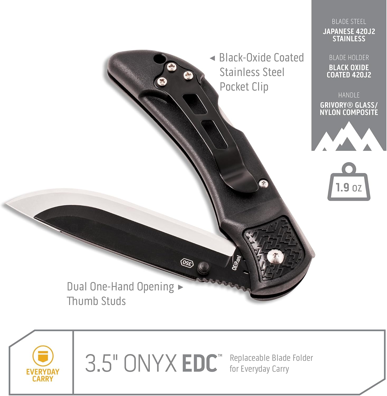 OUTDOOR EDGE Onyx EDC Folding Pocket Knife — Replaceable Blade System, Lockback and Pocket Clip