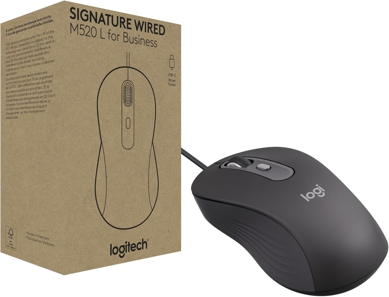 Logitech Signature Wired M520 L for Business, Optical Wired Mouse, USB-C Plug-and-Play