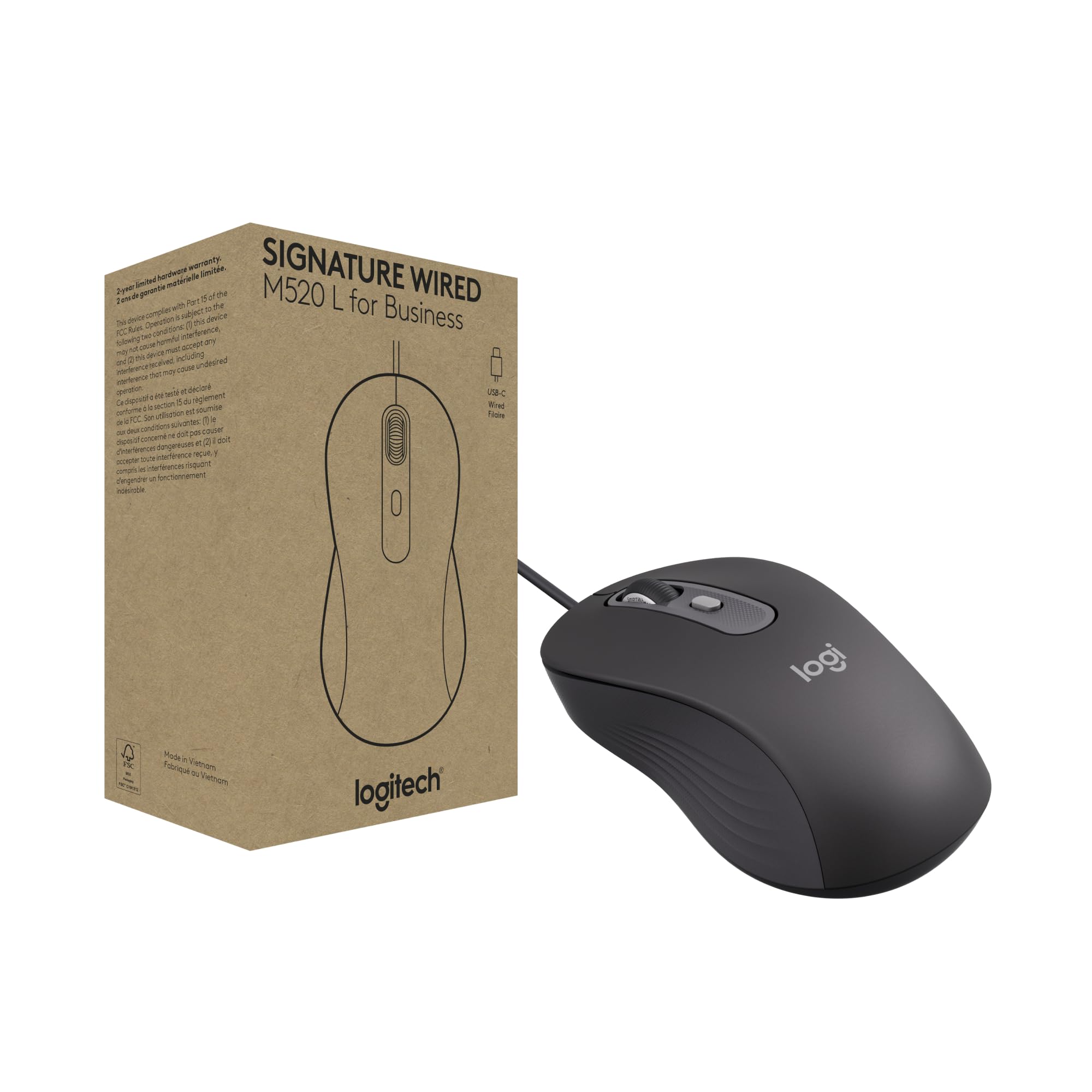 Logitech Signature Wired M520 L for Business, Optical Wired Mouse, USB-C Plug-and-Play