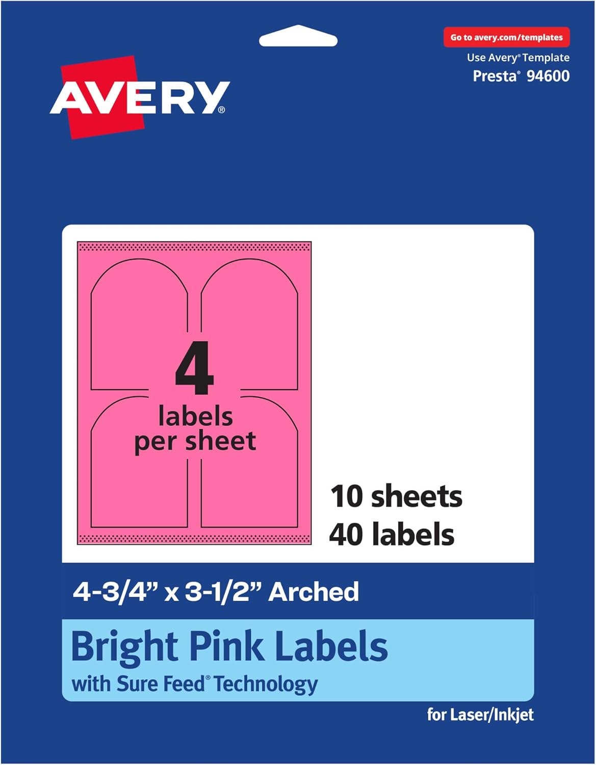 Avery Printable Arched Labels, Sure Feed Technology, 4-3/4" x 3-1/2", Bright Pink Labels, Print-to-The-Edge