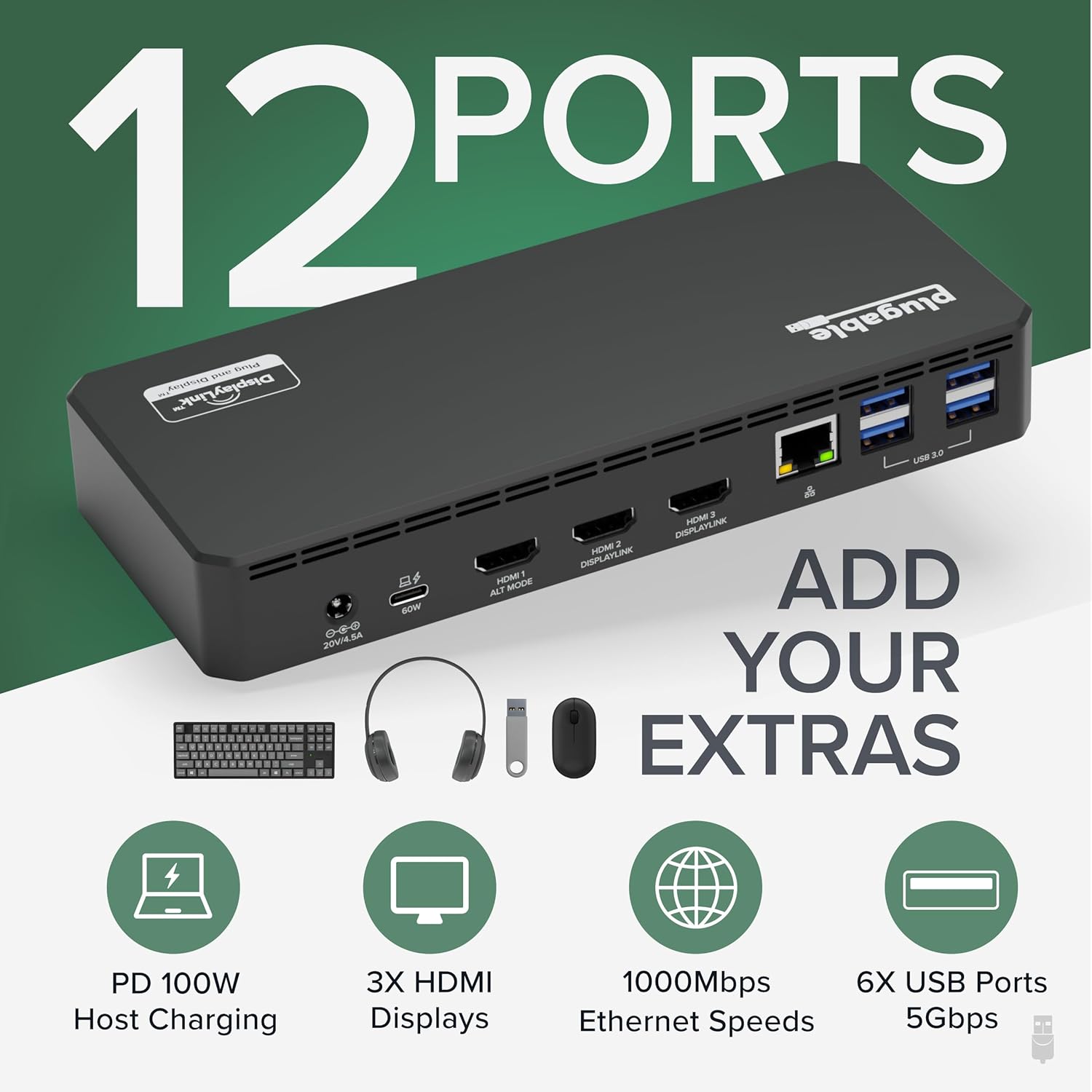 Plugable USB C Triple Display Docking Station with Laptop Charging, for Thunderbolt, USB4, or USB-C Systems