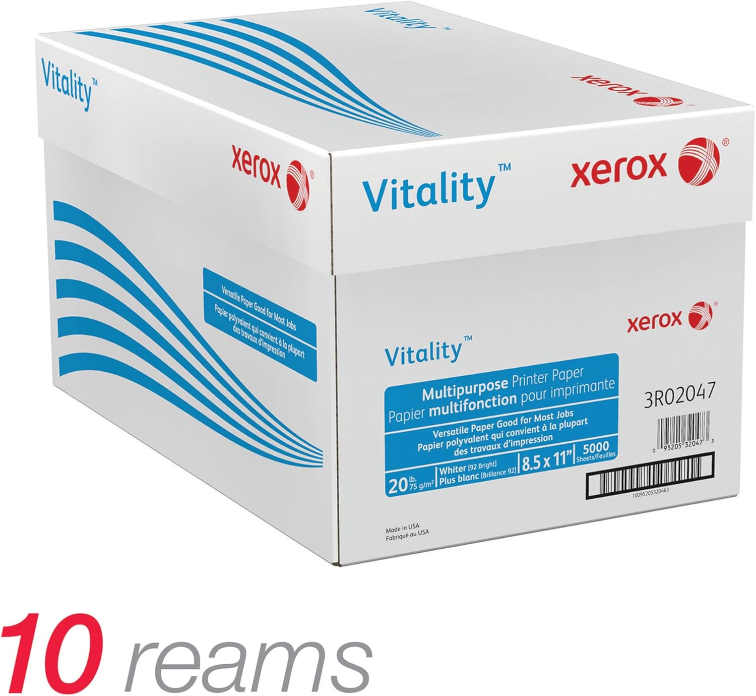 Xerox Vitality Multi-Use Printer & Copy Paper, 10 Reams, White, Letter (8.5in x 11in), 5000 Sheets Per Case, 20 Lb