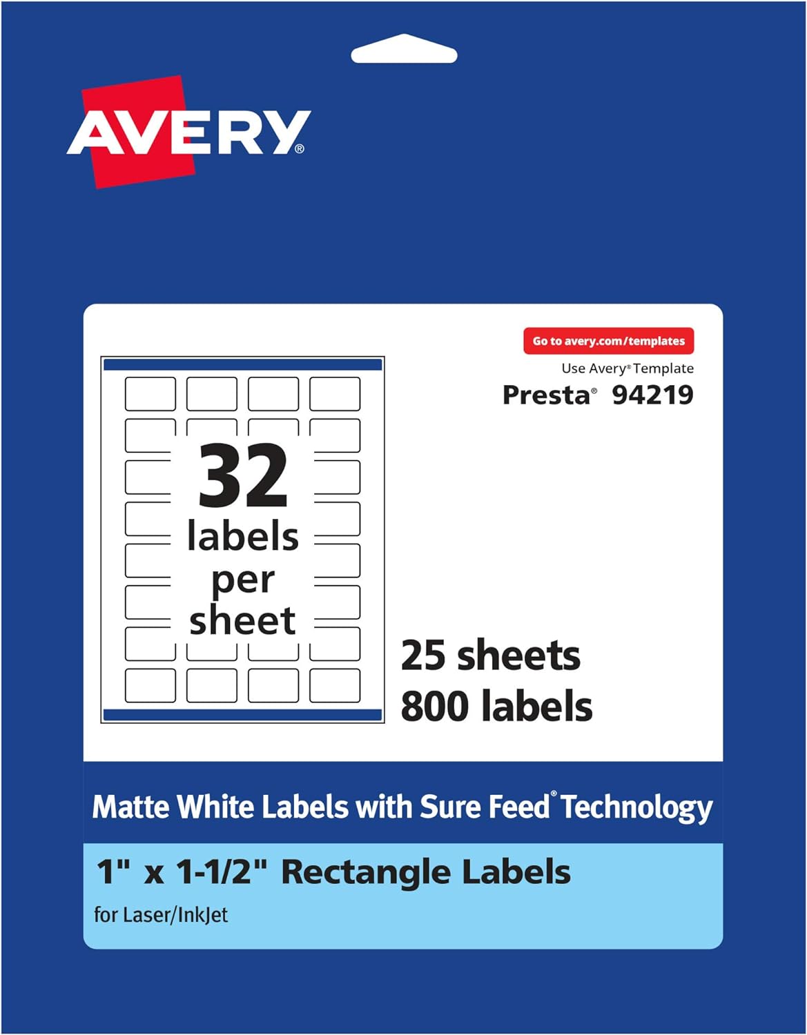Avery Matte White Rectangle Labels, Sure Feed Technology, 1" x 1.5"