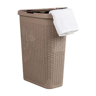 Mind Reader 40L Slim Laundry Hamper with Lid, Wicker-Style Plastic