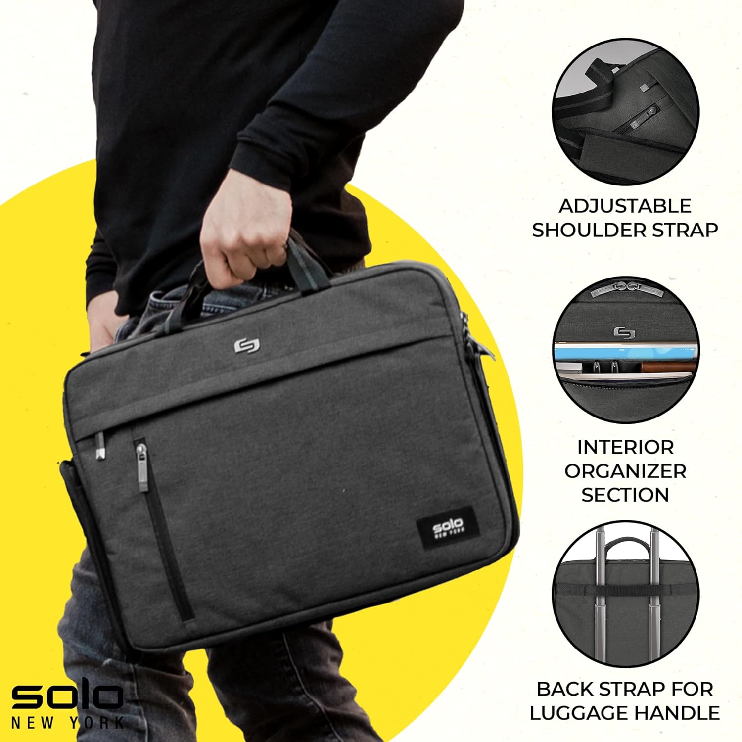 Solo New York Briefcase - Laptop Carrying Bag for Women & Men, Brief for Travel & Work, Front Zippered Pockets