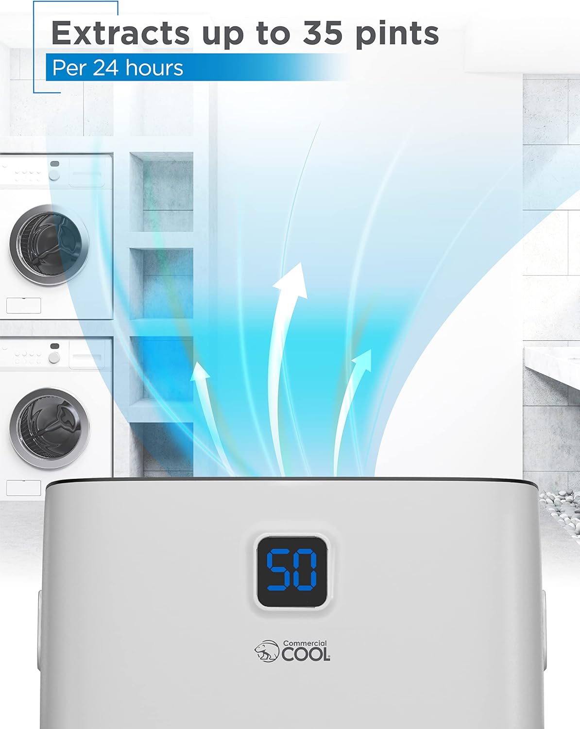 COMMERCIAL COOL 35 Pint Dehumidifier with Adjustable Humidistat, Portable, Home & Kitchen, Basement Use, 3000 Sq. Ft.