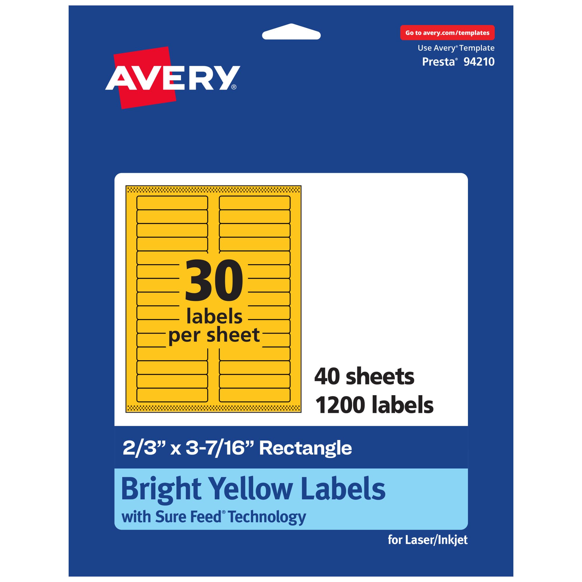 Avery Printable Rectangle Labels, Sure Feed Technology, 2/3" x 3-7/16", Bright Yellow, Laser/Inkjet Compatible