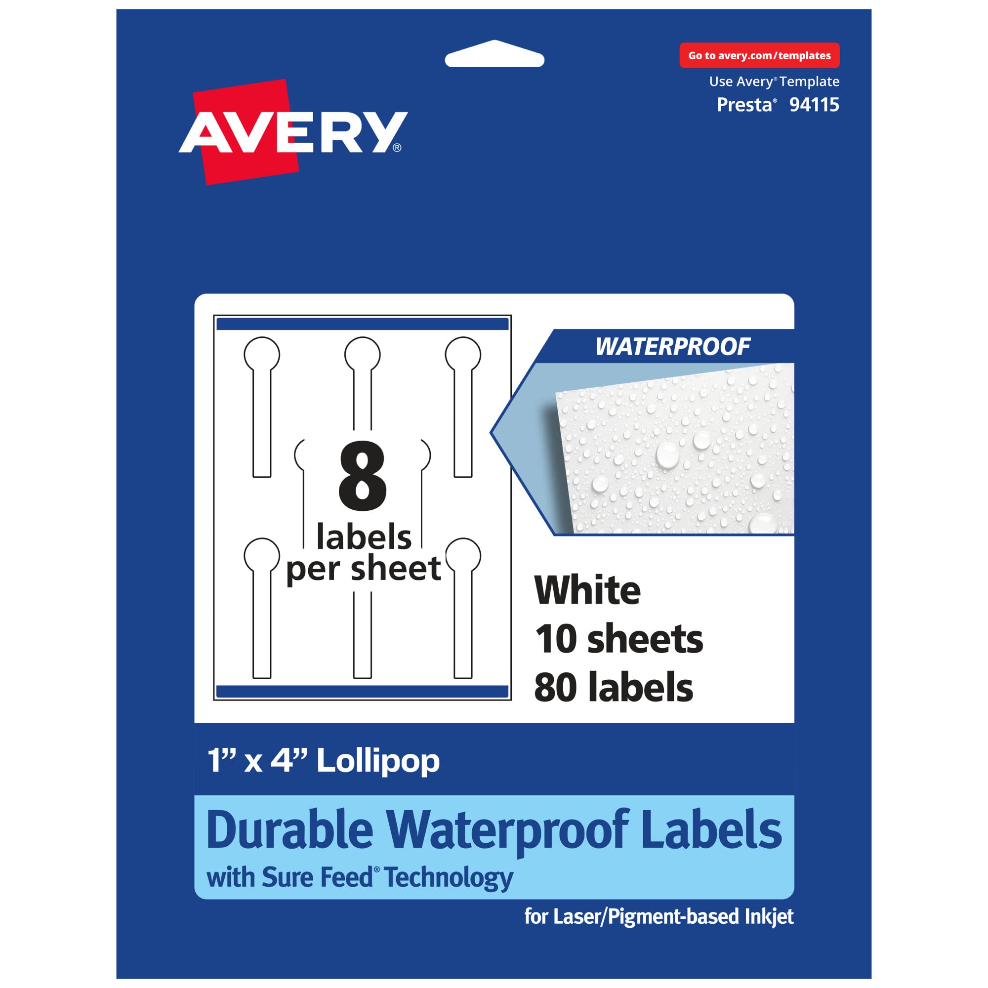 AVERY Durable Waterproof Lollipop Labels, Sure Feed Technology, 1 in. x 4 in.