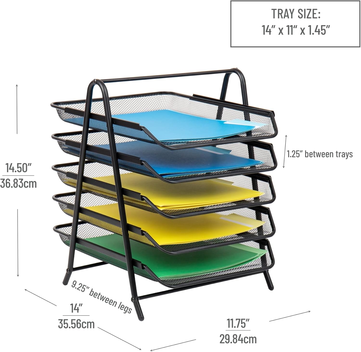 Mind Reader 5-Tier Paper Tray and 10 File Folders Desktop Organizer, 14-1/2inH x 14inW x 11-3/4inD, Black