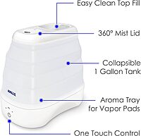 Crane x HALLS Collapsible Cool Mist Humidifier for Bedroom and Office, 1 Gallon Portable Humidifier for Travel and Easy Storage, Blue and White