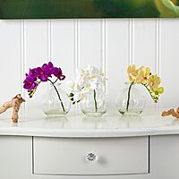 Nearly Natural 4208-S3 9" Phalaenopsis Orchid Artificial Arrangement in Vase (Set of 3), Multi/Color