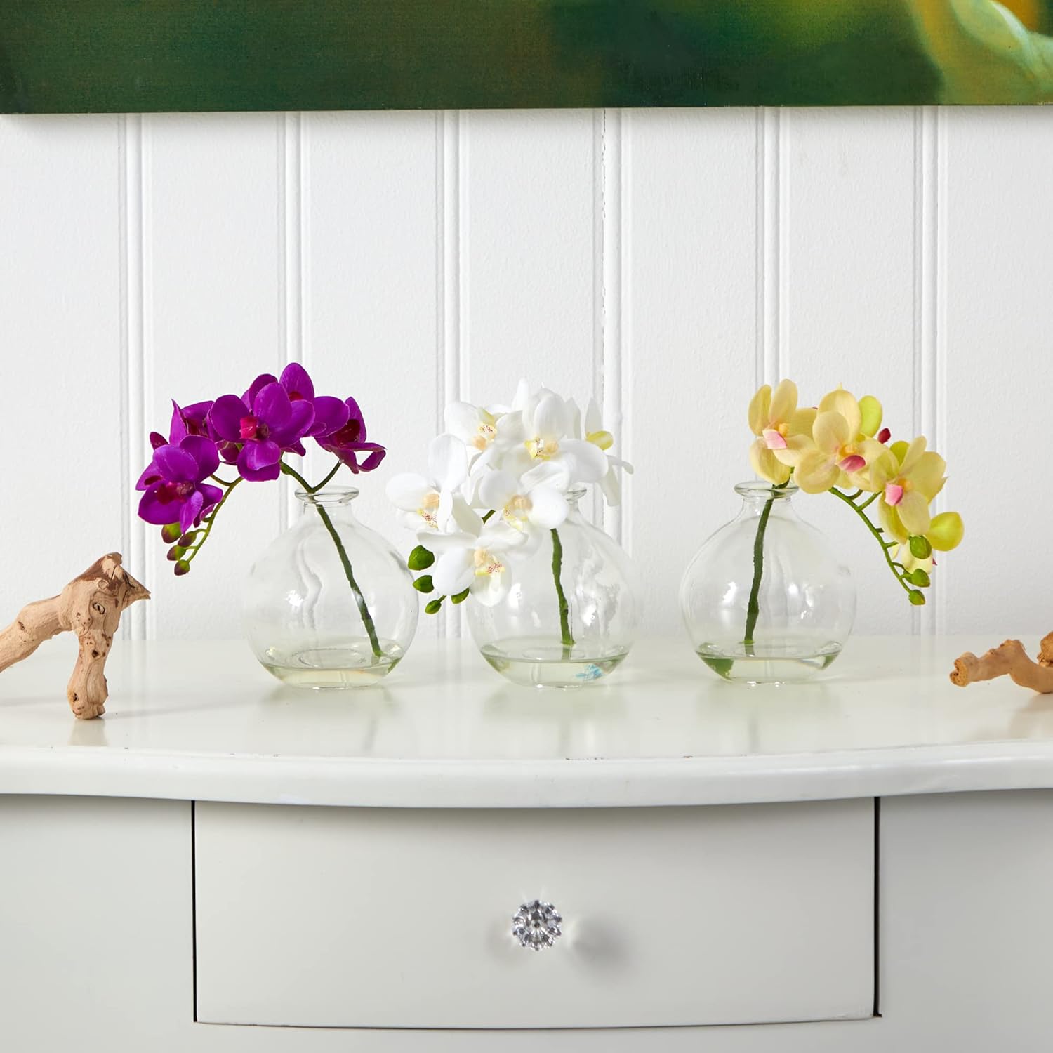 Nearly Natural 4208-S3 9" Phalaenopsis Orchid Artificial Arrangement in Vase (Set of 3), Multi/Color