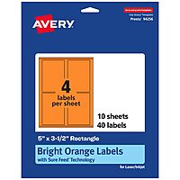 Avery Printable Rectangle Labels, Sure Feed Technology, 5" x 3.5", Bright Orange